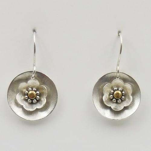 DKC-1105 Earrings SS/Brass Flowers on Circles $75 at Hunter Wolff Gallery